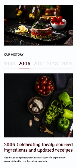 Mobile “Our History” section highlighting timeline year (2006) with supporting food imagery and descriptive text