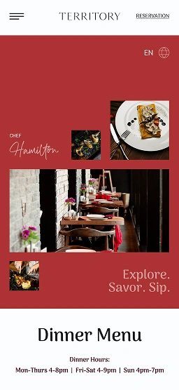 Mobile restaurant page transition from hero to dinner menu, with collage imagery and schedule preview
