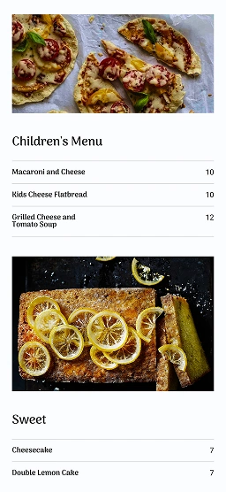 Mobile menu section showing children’s dishes and desserts with accompanying food imagery