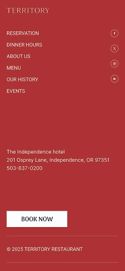 Mobile footer menu for Territory restaurant with navigation links, contact details, social icons, and booking CTA