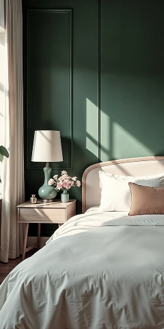 Bright bedroom with a green accent wall, bed, and bedside table