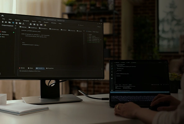 Developer coding on desktop and laptop screens in modern workspace