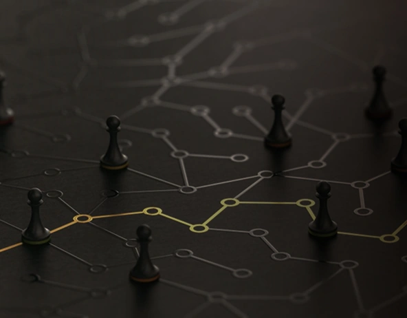 Chess pawns on network diagram representing strategy and connections