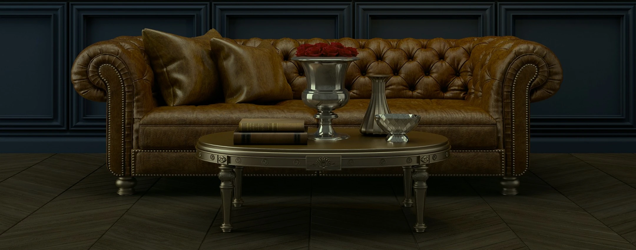 Vintage leather chesterfield sofa with decorative table, books, and vase in a classic interior setting