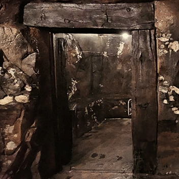 Rustic underground passage with wooden doorway and stone walls