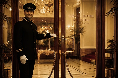 Doorman opening a glass door at the hotel entrance