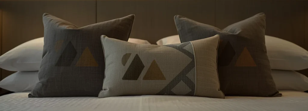 Hotel bed with decorative pillows featuring minimalist logo design