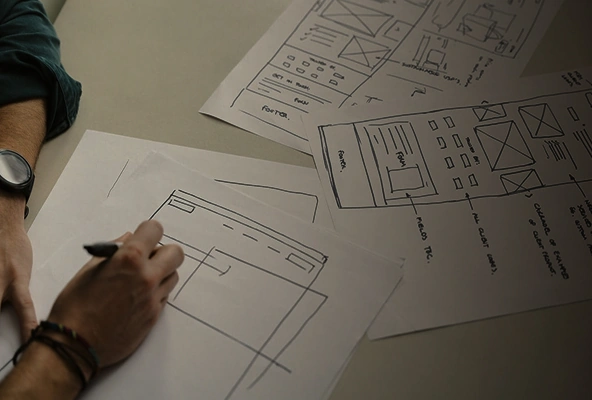 Designer sketching website wireframes on paper at desk