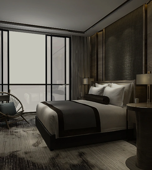 Modern luxury hotel bedroom with large bed and elegant interior design