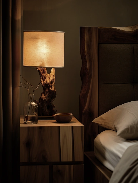 Bedside table with wooden lamp and modern bedroom interior