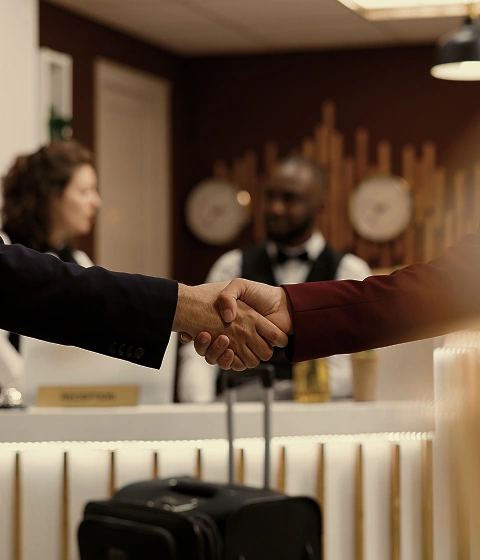 Handshake at hotel reception desk with suitcase in foreground