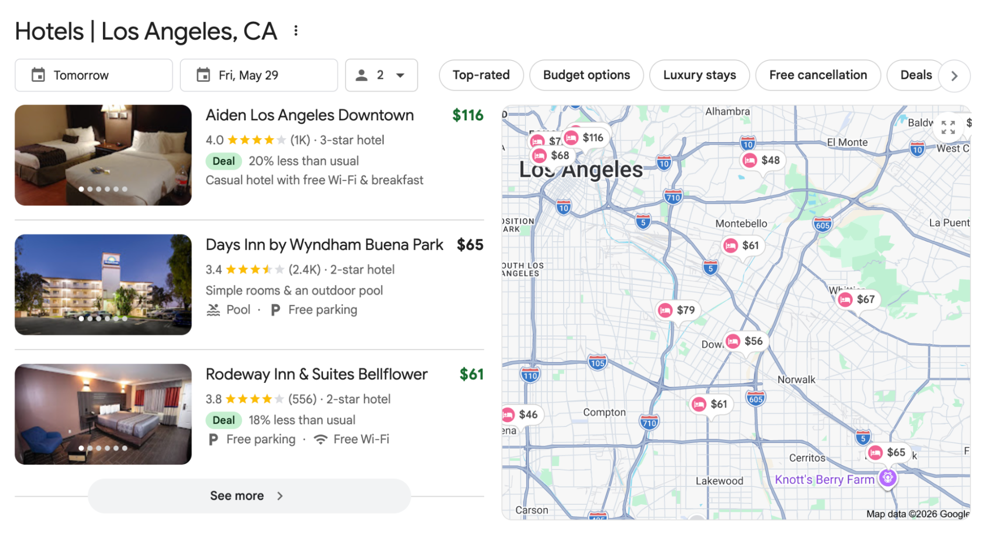 Hotel listings and map of Los Angeles