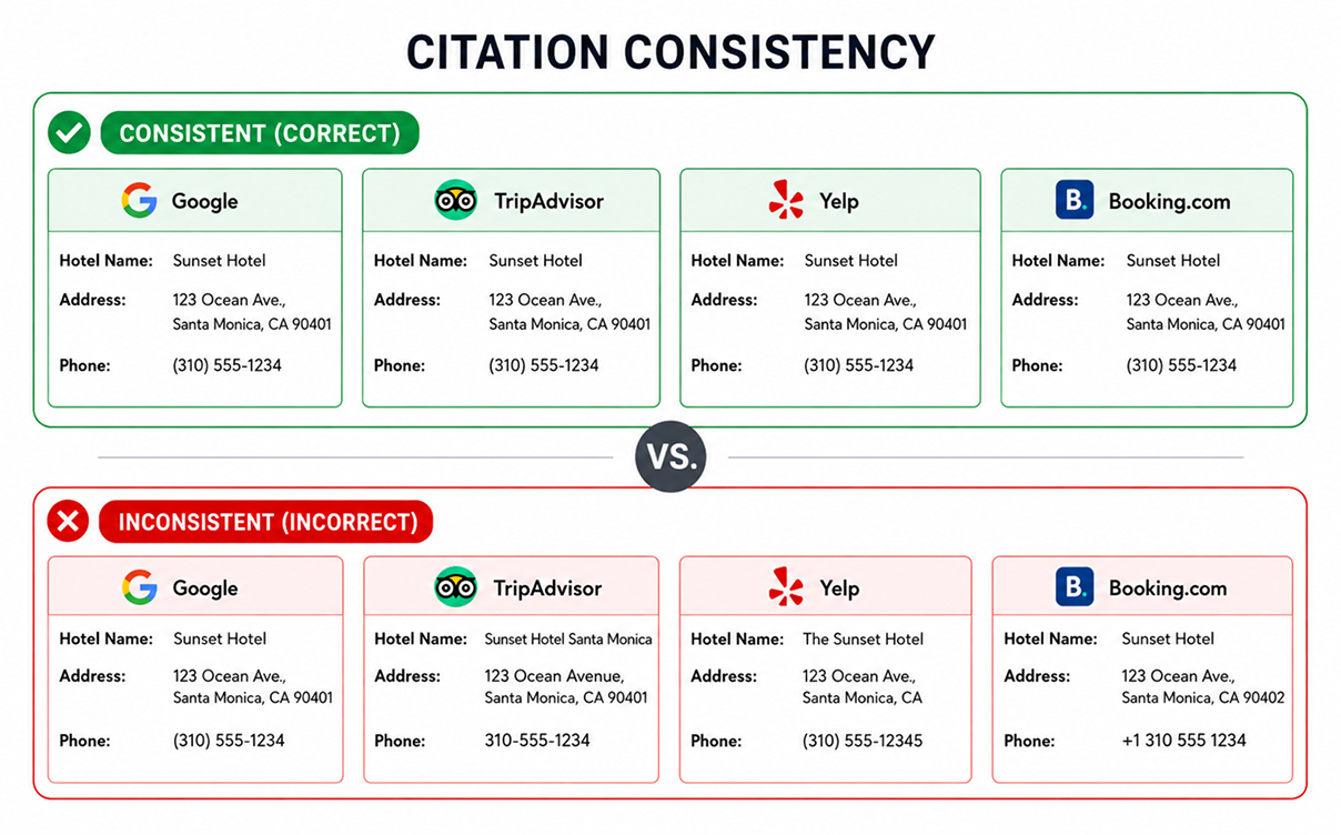 Infographic comparing consistent and inconsistent citation listings for a hotel across Google, TripAdvisor, Yelp, and Booking.com, showing how matching hotel name, address, and phone number improve citation consistency.