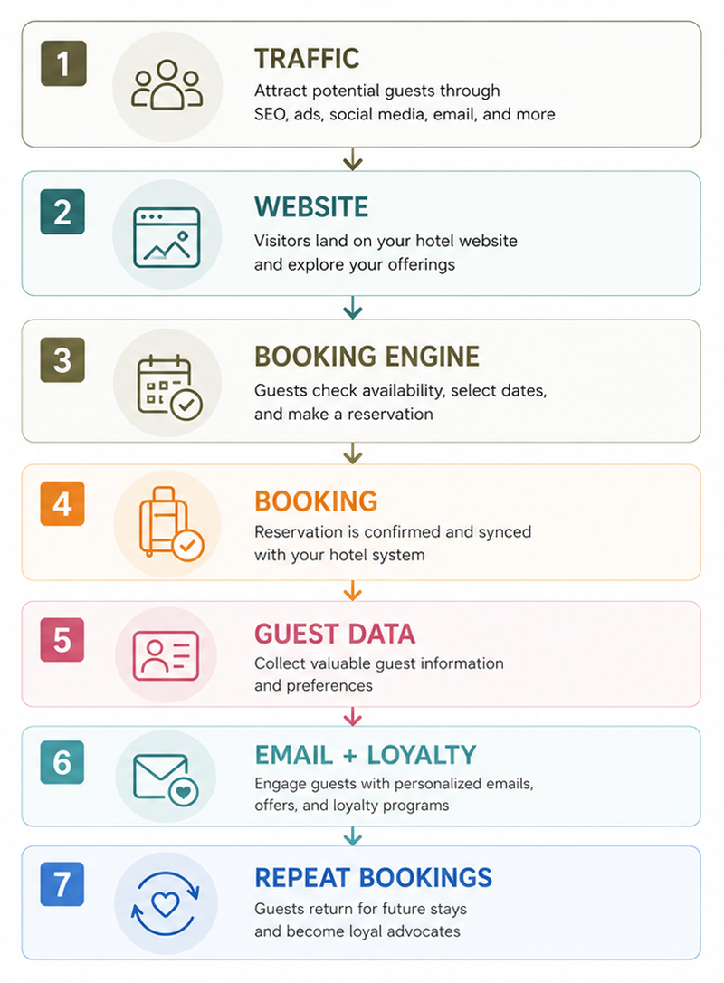 Flowchart showing the hotel direct booking funnel: traffic leads visitors to the website, then to the booking engine, confirmed booking, guest data collection, email and loyalty engagement, and repeat bookings.