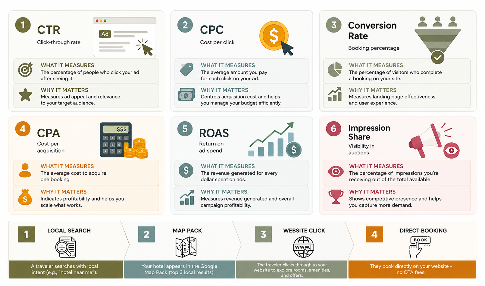 Infographic explaining six key hotel ad performance metrics: CTR, CPC, conversion rate, CPA, ROAS, and impression share, with definitions of what each metric measures and why it matters.