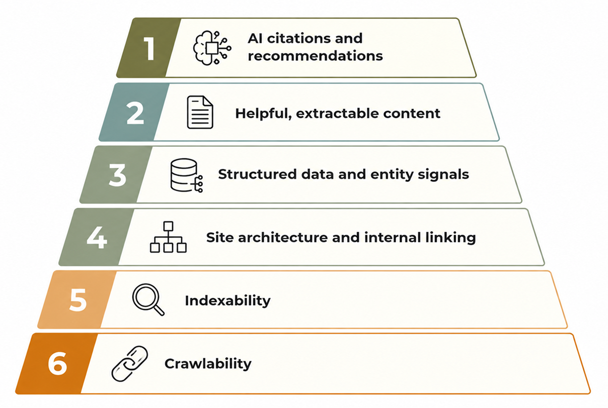 Six-layer SEO foundation: AI citations and recommendations, helpful extractable content, structured data and entity signals, site architecture and internal linking, indexability, and crawlability.